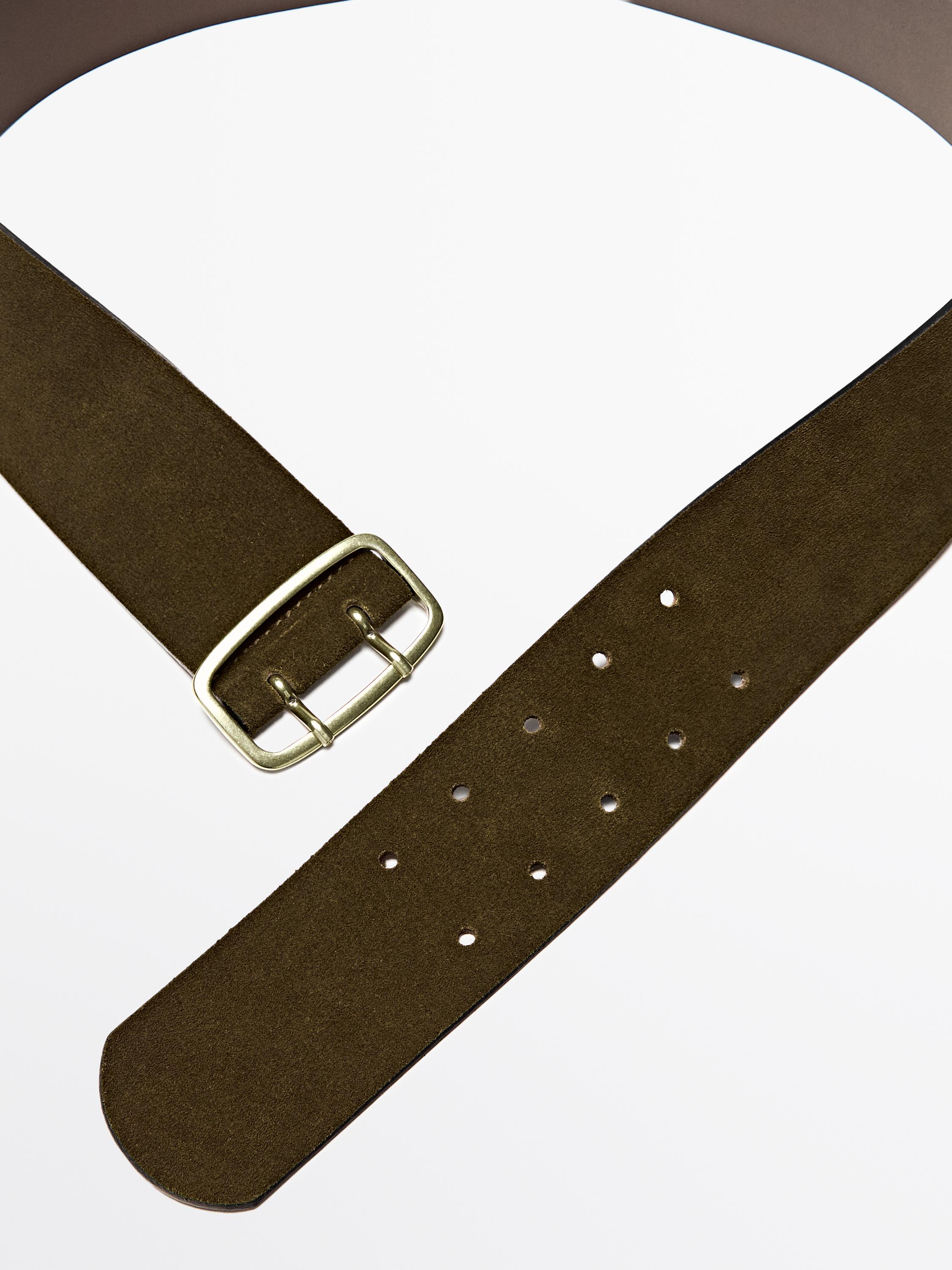 Split suede belt with rectangular buckle